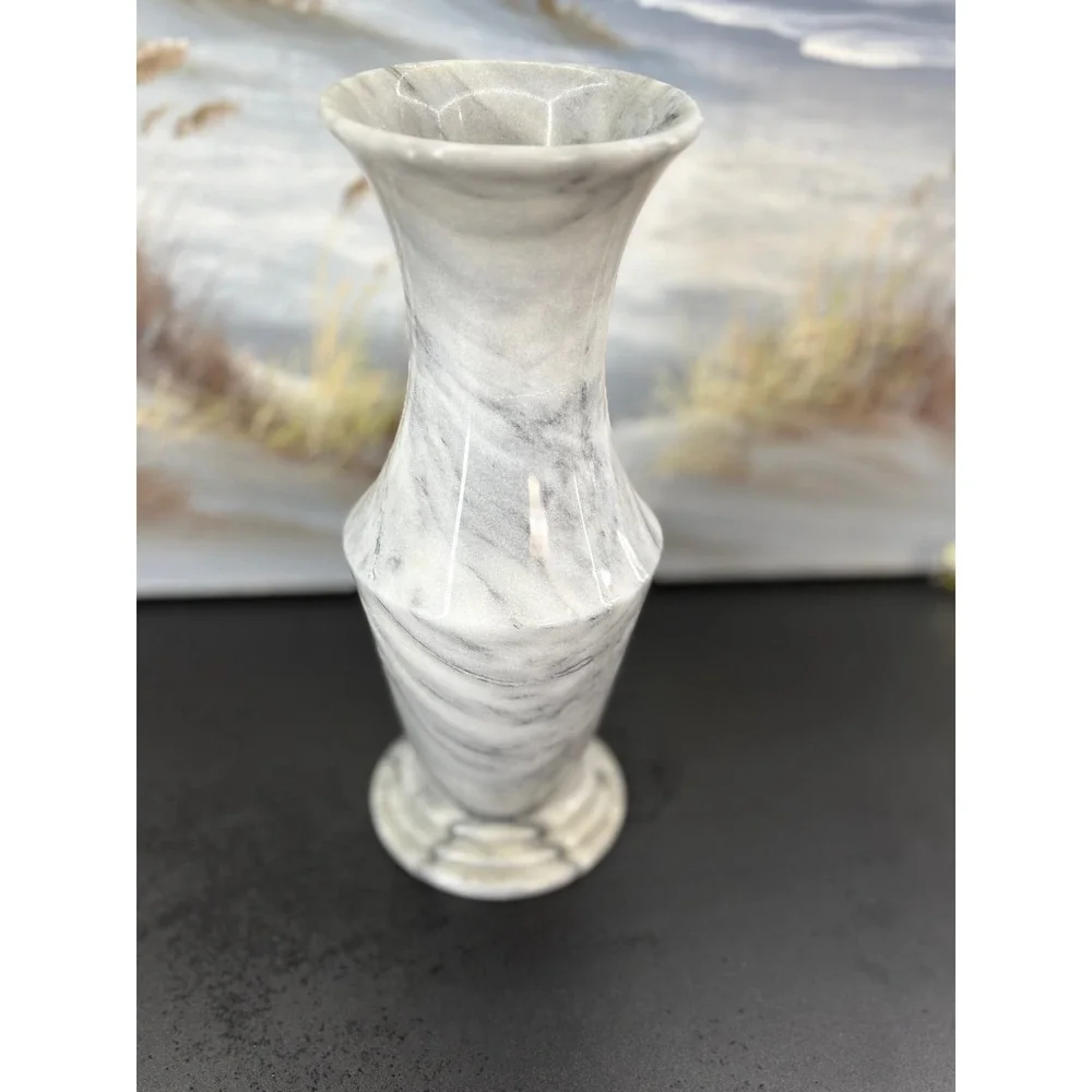 Gray White Marble Stone Vase Tapered Polished Decorative Bud Vase 8 Inch